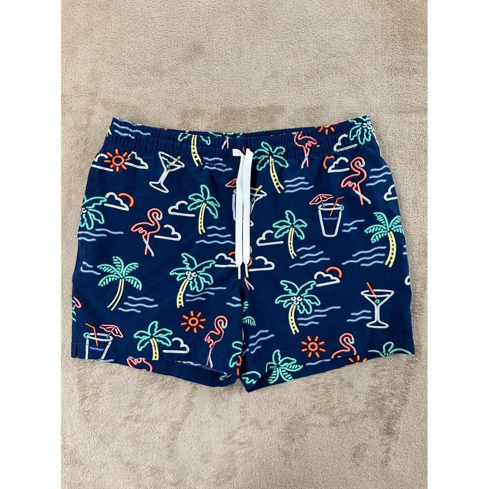 Chubbies Swim Trunks Mens Size Small Navy Blue Neon Flamingo Palm Tree Lined EUC